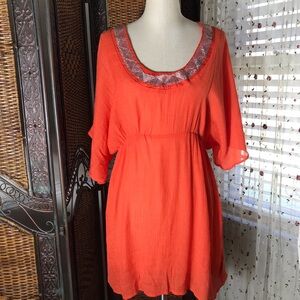 Ashley Stewart Coral Orange Scoop Neck Tunic with Metallic Trim